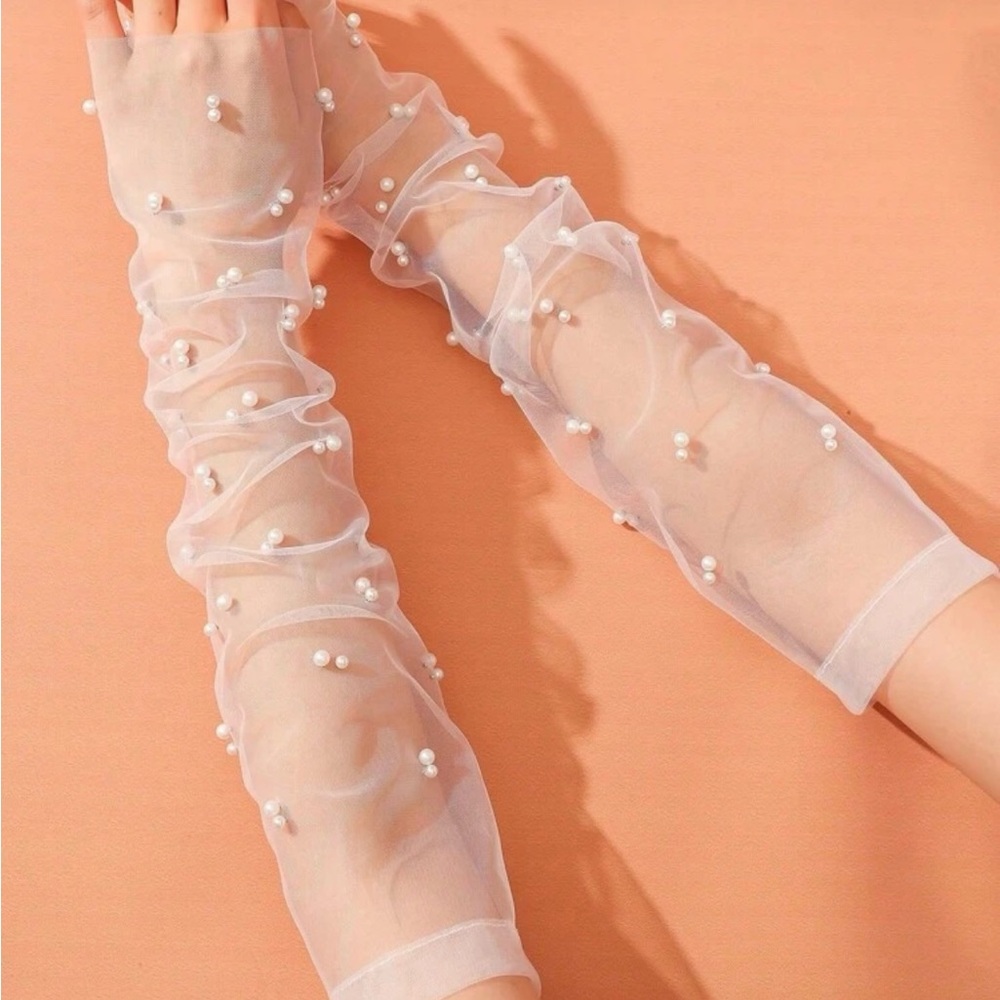 Elegant White Sheer Pearl-Embellished Arm Sleeves